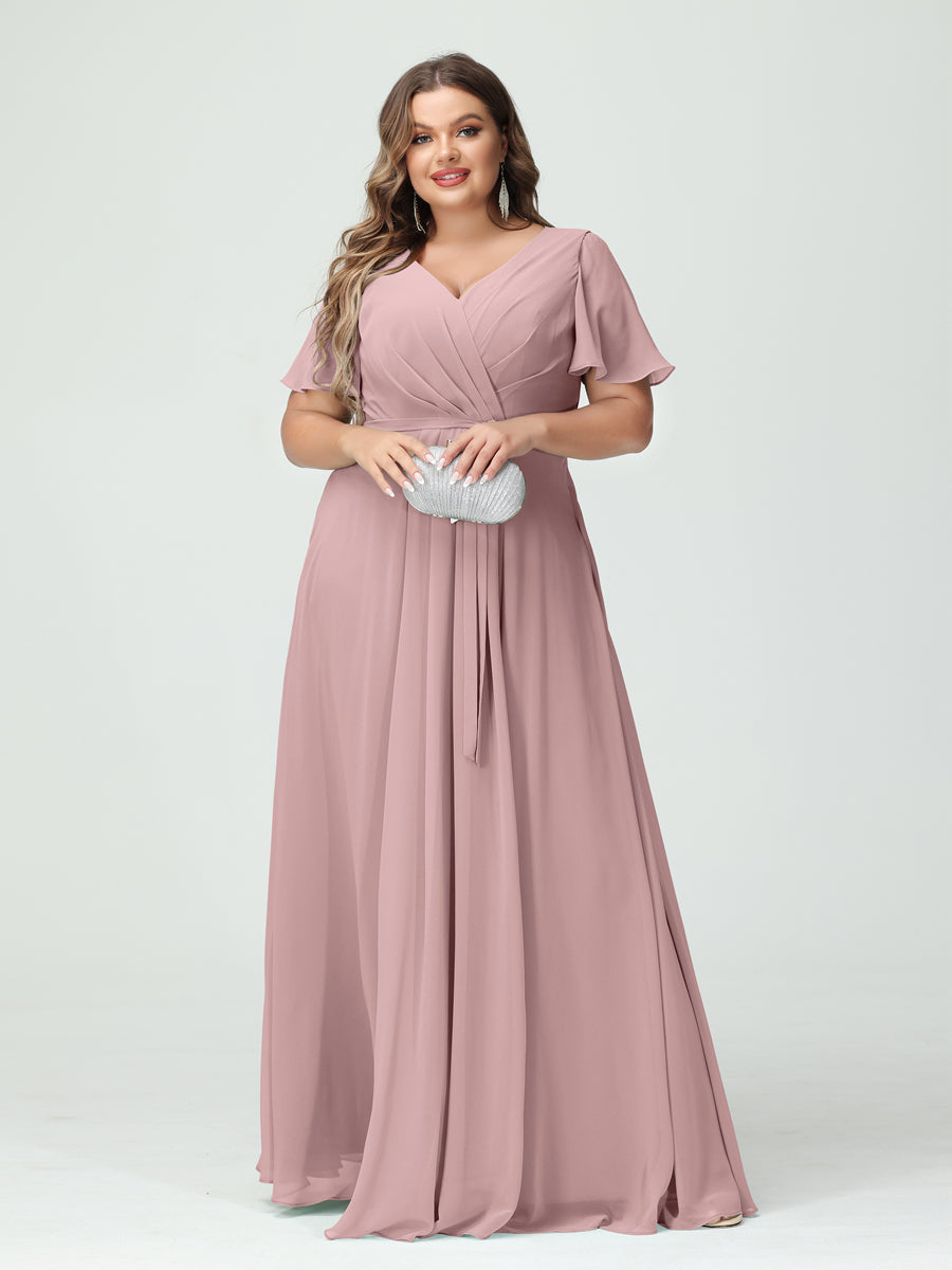 Plus Size V-Neck A-Line Bridesmaid Dress with Short Sleeves, Side Split, Pockets, and Belt
