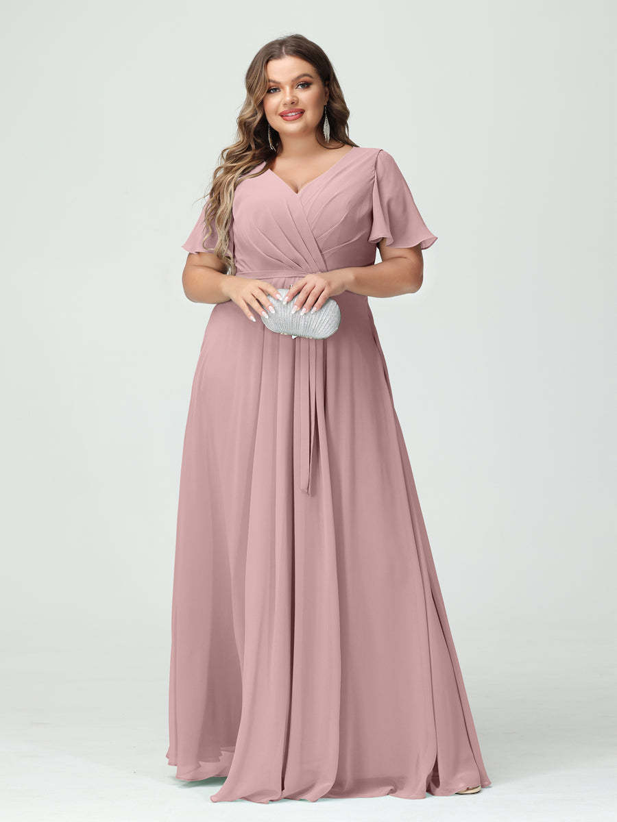 Plus Size V-Neck A-Line Bridesmaid Dress with Short Sleeves, Side Split, Pockets, and Belt