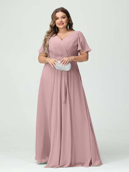 Plus Size V-Neck A-Line Bridesmaid Dress with Short Sleeves, Side Split, Pockets, and Belt