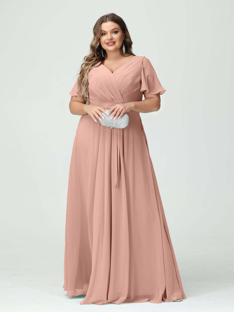 Plus Size V-Neck A-Line Bridesmaid Dress with Short Sleeves, Side Split, Pockets, and Belt