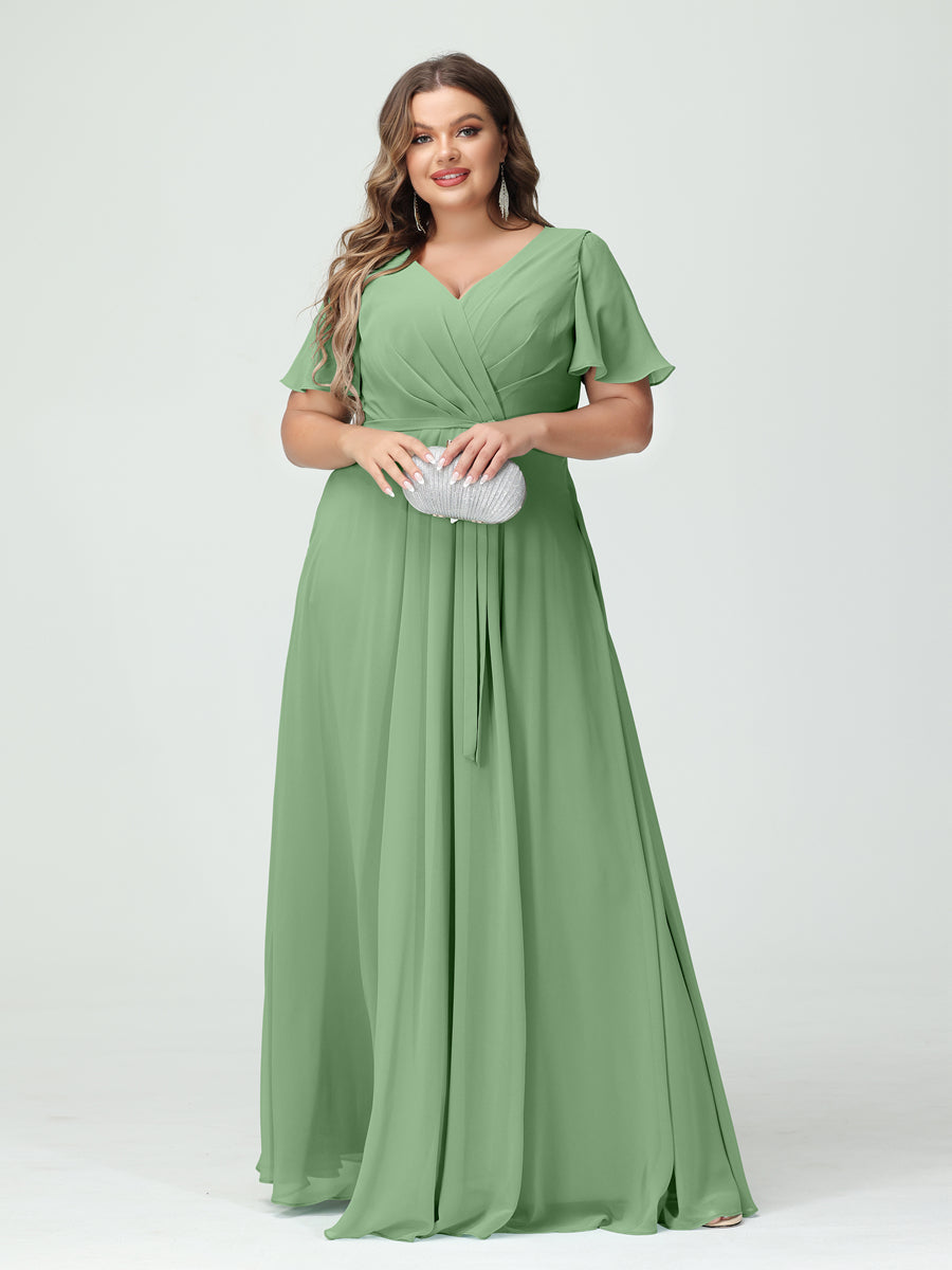 Plus Size V-Neck A-Line Bridesmaid Dress with Short Sleeves, Side Split, Pockets, and Belt