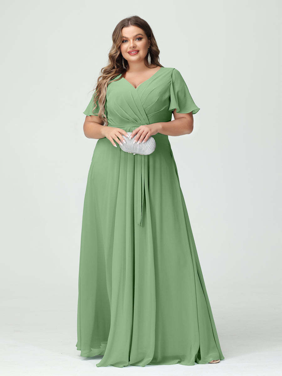 Plus Size V-Neck A-Line Bridesmaid Dress with Short Sleeves, Side Split, Pockets, and Belt