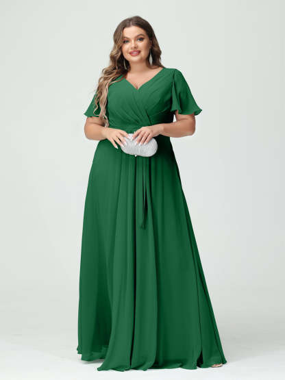 Plus Size V-Neck A-Line Bridesmaid Dress with Short Sleeves, Side Split, Pockets, and Belt