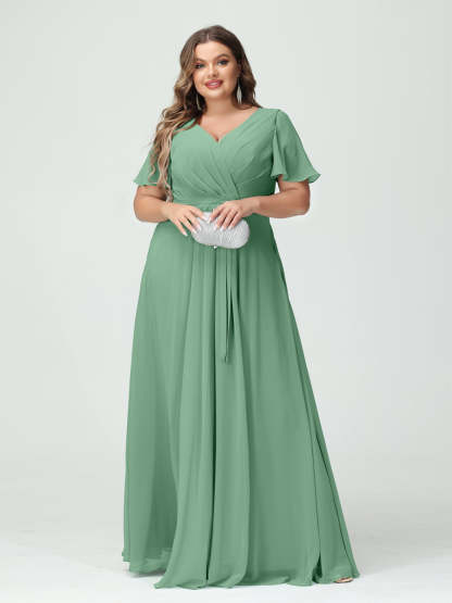 Plus Size V-Neck A-Line Bridesmaid Dress with Short Sleeves, Side Split, Pockets, and Belt