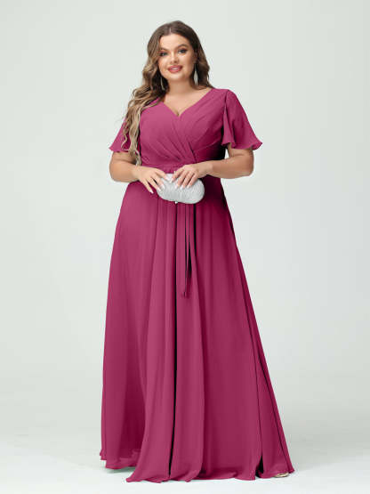 Plus Size V-Neck A-Line Bridesmaid Dress with Short Sleeves, Side Split, Pockets, and Belt