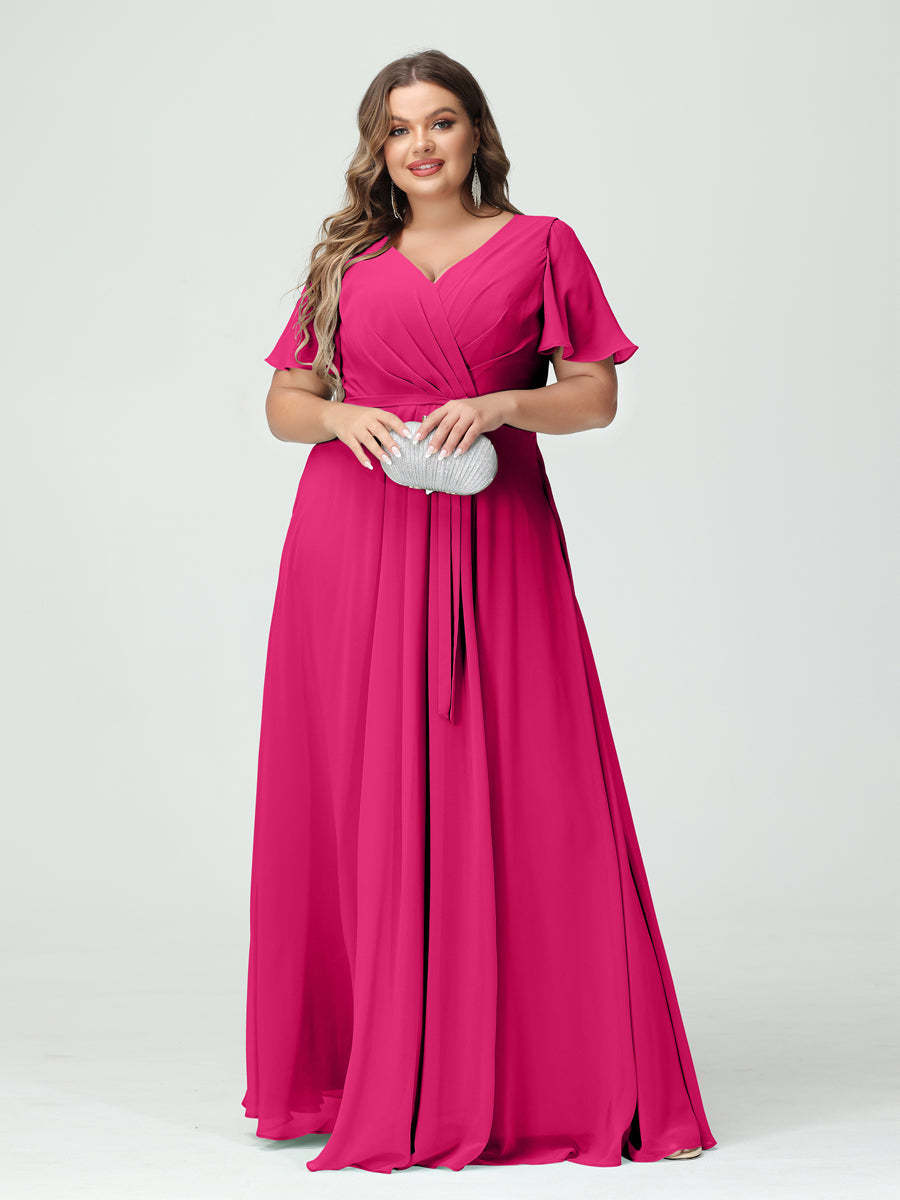 Plus Size V-Neck A-Line Bridesmaid Dress with Short Sleeves, Side Split, Pockets, and Belt