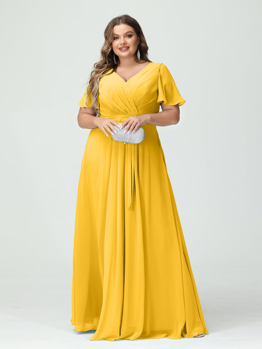 Plus Size V-Neck A-Line Bridesmaid Dress with Short Sleeves, Side Split, Pockets, and Belt