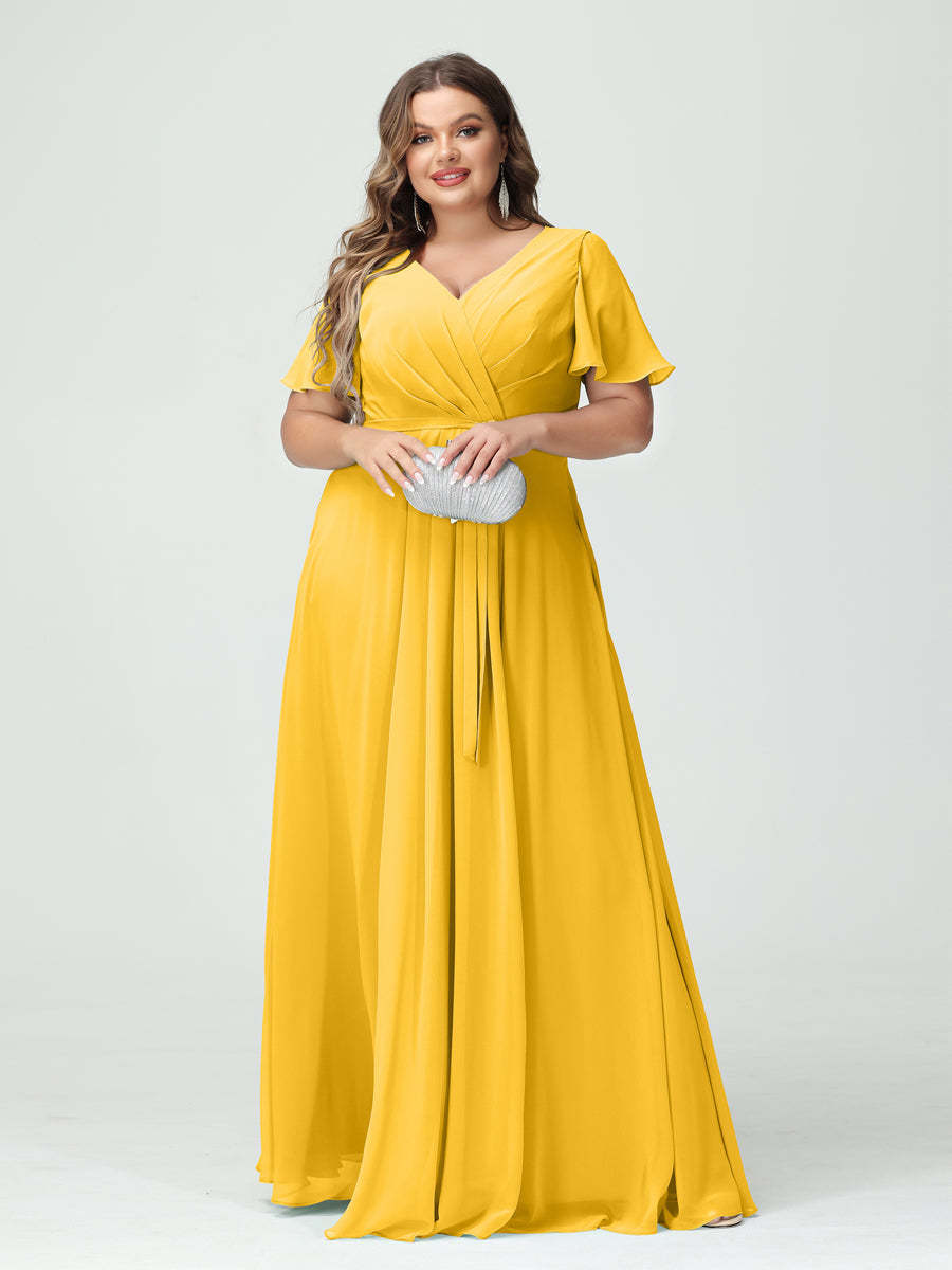 Plus Size V-Neck A-Line Bridesmaid Dress with Short Sleeves, Side Split, Pockets, and Belt