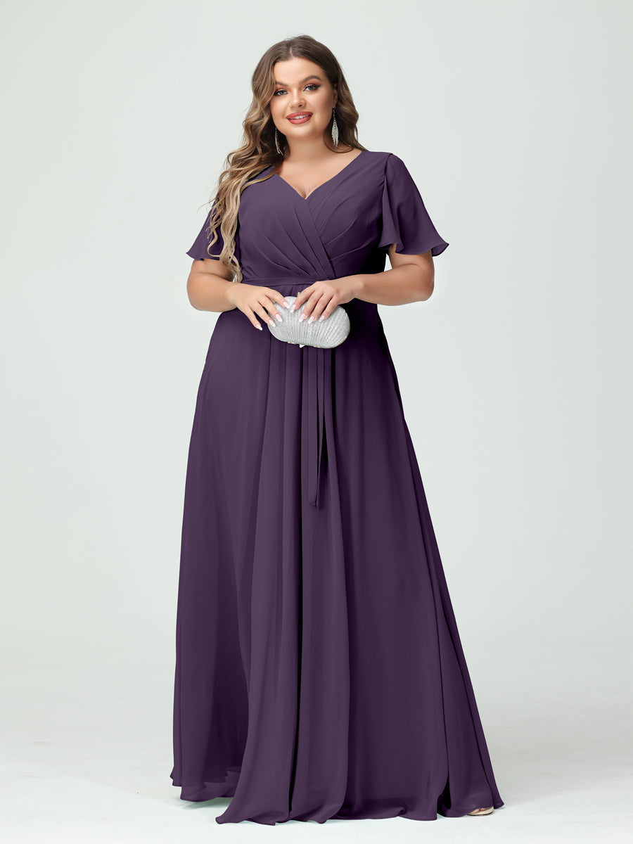 Plus Size V-Neck A-Line Bridesmaid Dress with Short Sleeves, Side Split, Pockets, and Belt