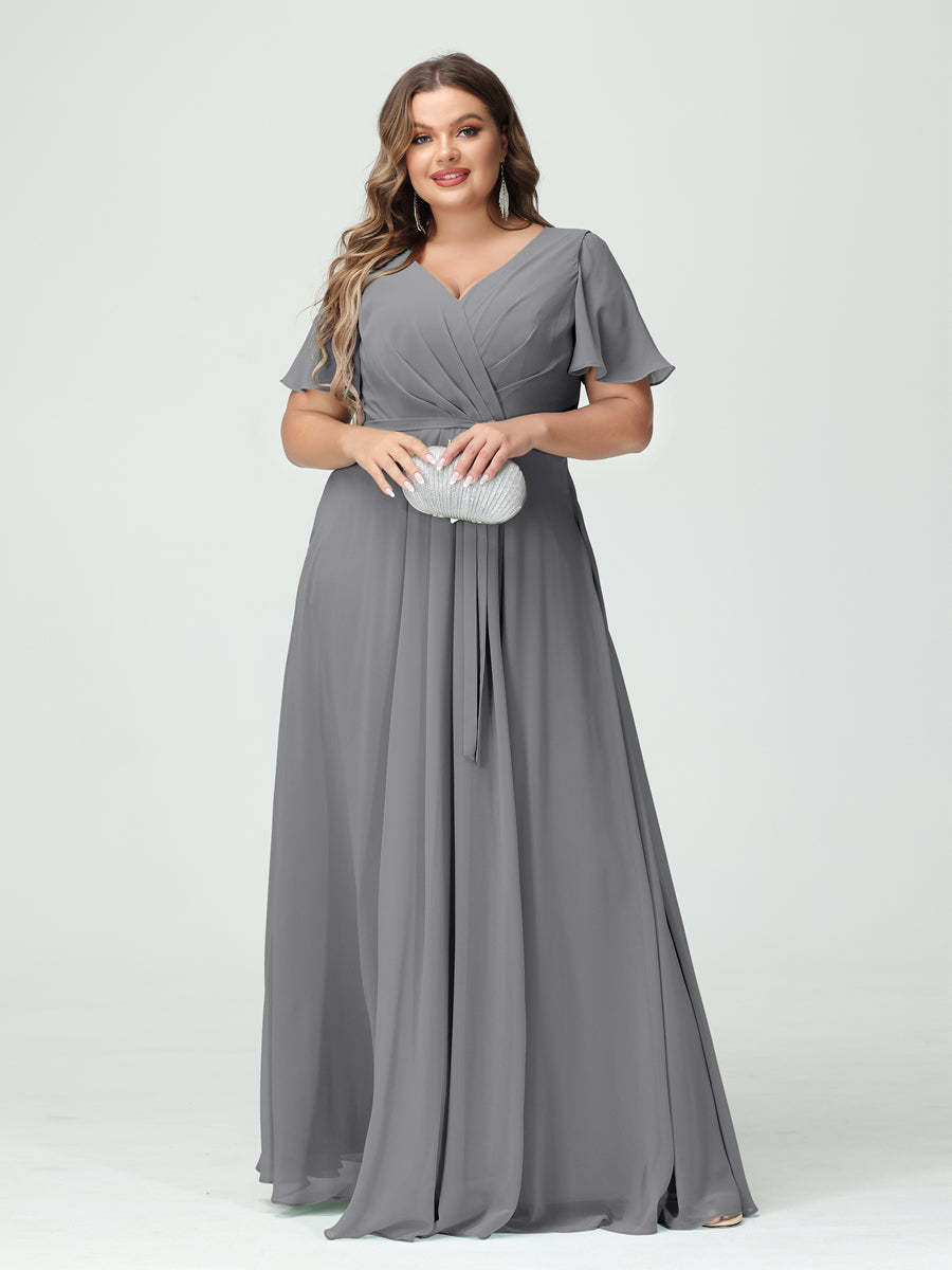 Plus Size V-Neck A-Line Bridesmaid Dress with Short Sleeves, Side Split, Pockets, and Belt