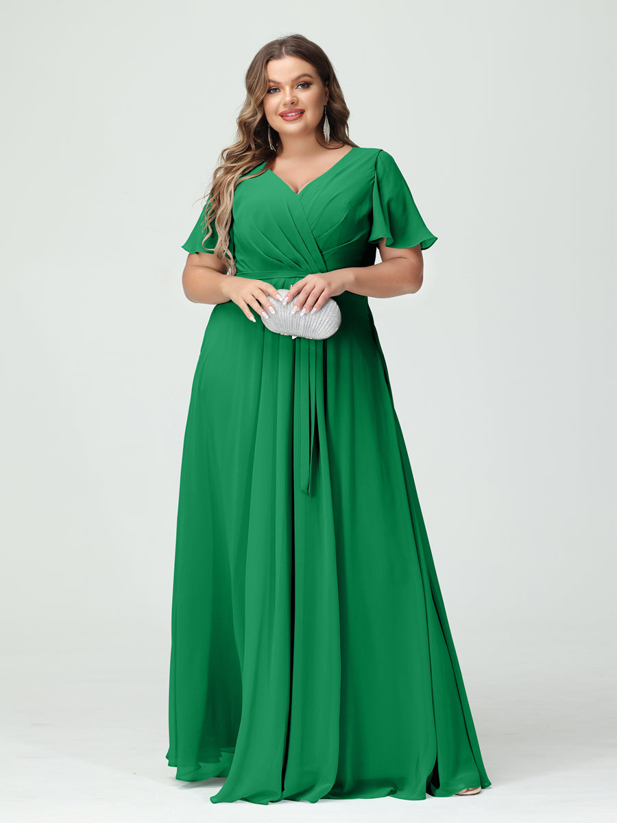 Plus Size V-Neck A-Line Bridesmaid Dress with Short Sleeves, Side Split, Pockets, and Belt
