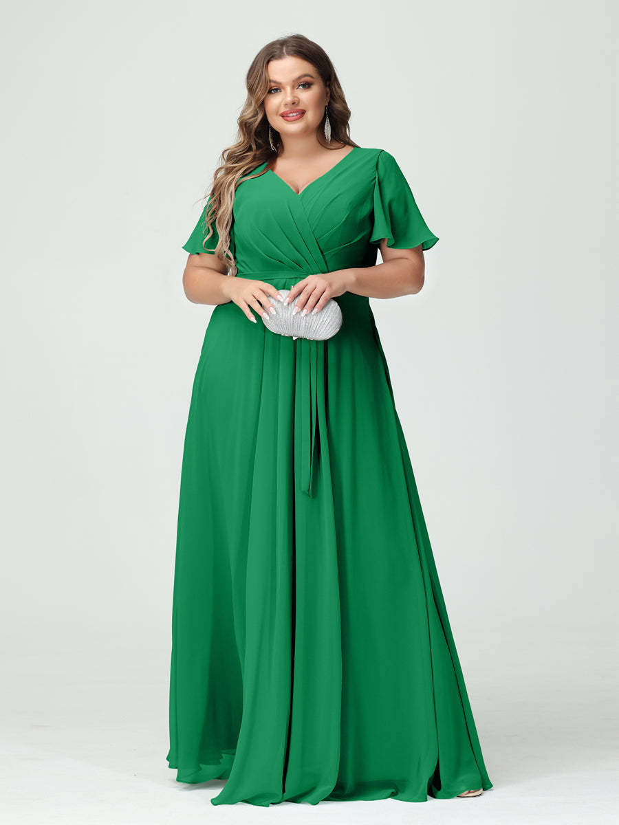 Plus Size V-Neck A-Line Bridesmaid Dress with Short Sleeves, Side Split, Pockets, and Belt