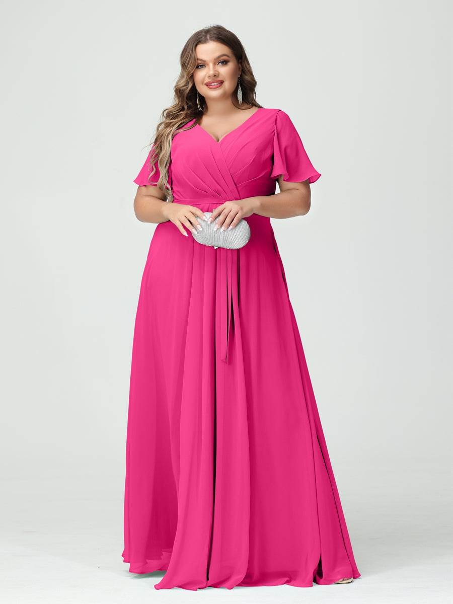 Plus Size V-Neck A-Line Bridesmaid Dress with Short Sleeves, Side Split, Pockets, and Belt