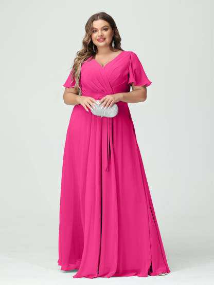 Plus Size V-Neck A-Line Bridesmaid Dress with Short Sleeves, Side Split, Pockets, and Belt