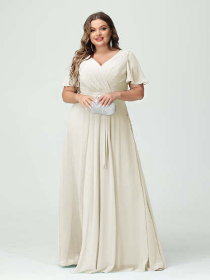 Plus Size V-Neck A-Line Bridesmaid Dress with Short Sleeves, Side Split, Pockets, and Belt