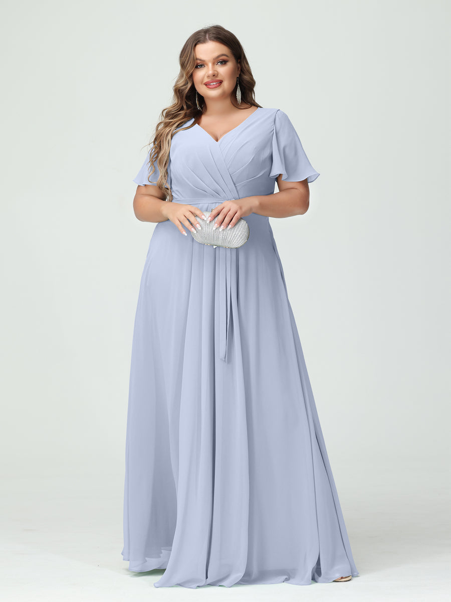 Plus Size V-Neck A-Line Bridesmaid Dress with Short Sleeves, Side Split, Pockets, and Belt