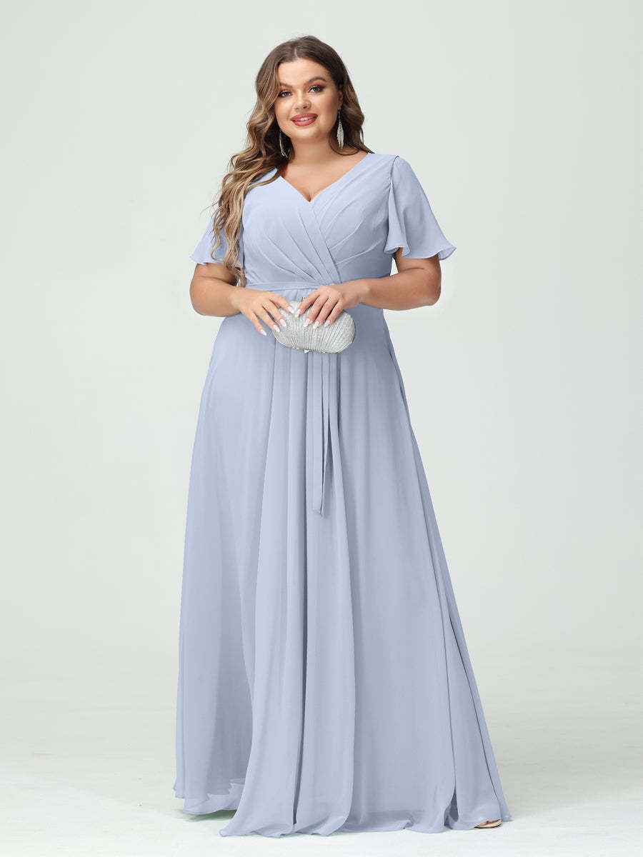 Plus Size V-Neck A-Line Bridesmaid Dress with Short Sleeves, Side Split, Pockets, and Belt