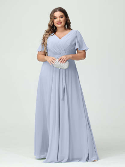 Plus Size V-Neck A-Line Bridesmaid Dress with Short Sleeves, Side Split, Pockets, and Belt