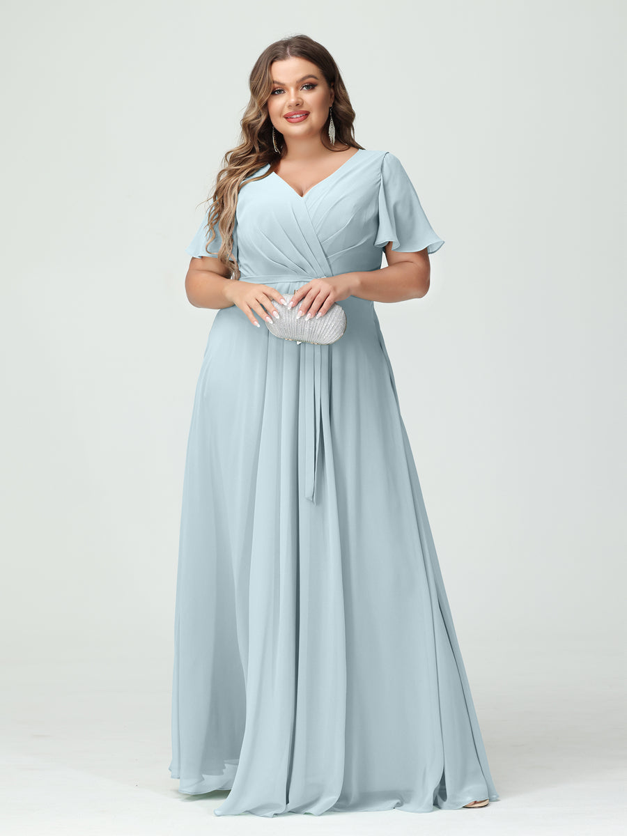 Plus Size V-Neck A-Line Bridesmaid Dress with Short Sleeves, Side Split, Pockets, and Belt