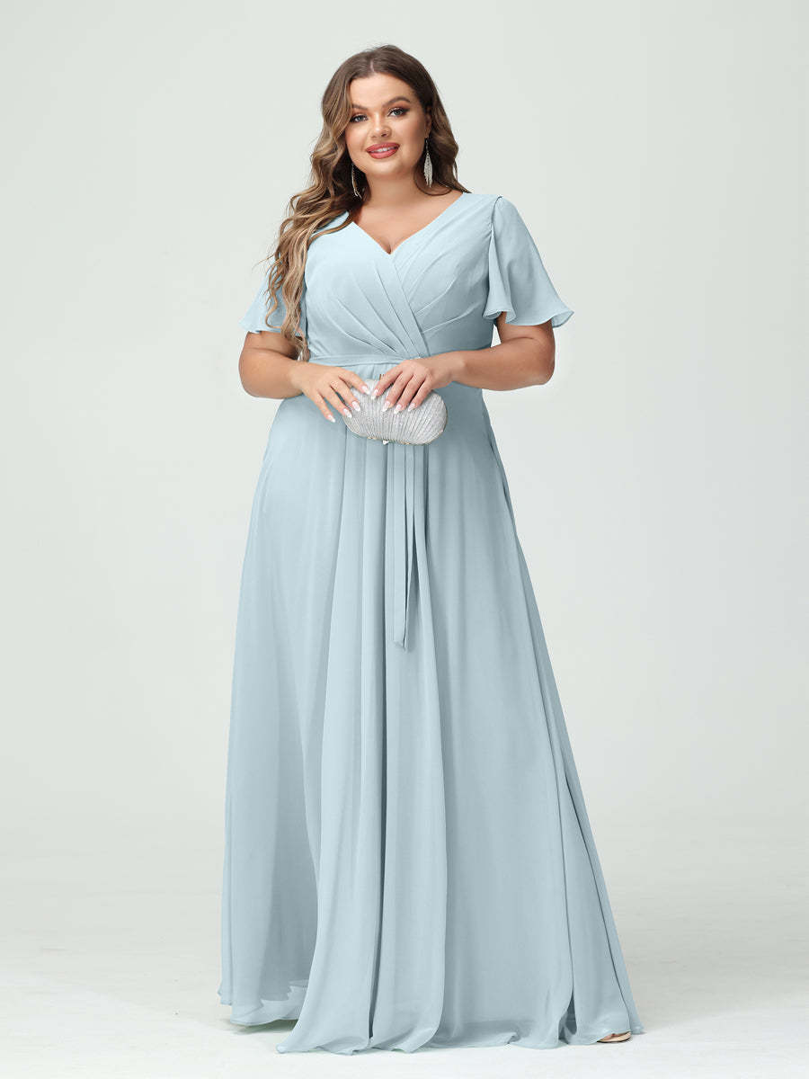 Plus Size V-Neck A-Line Bridesmaid Dress with Short Sleeves, Side Split, Pockets, and Belt