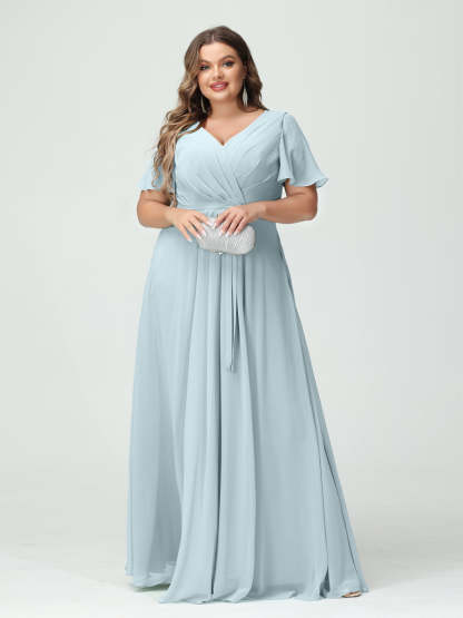 Plus Size V-Neck A-Line Bridesmaid Dress with Short Sleeves, Side Split, Pockets, and Belt
