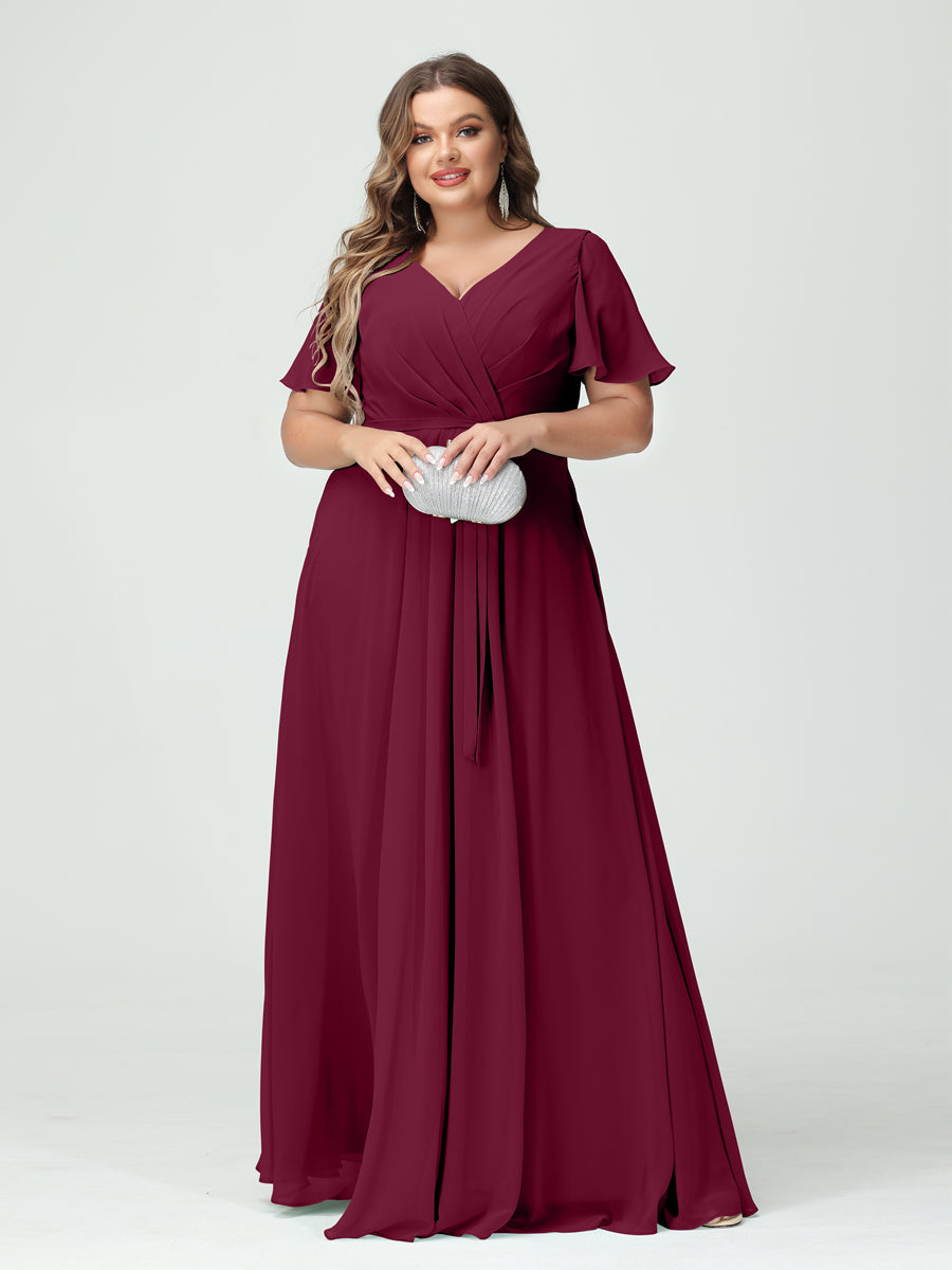 Plus Size V-Neck A-Line Bridesmaid Dress with Short Sleeves, Side Split, Pockets, and Belt