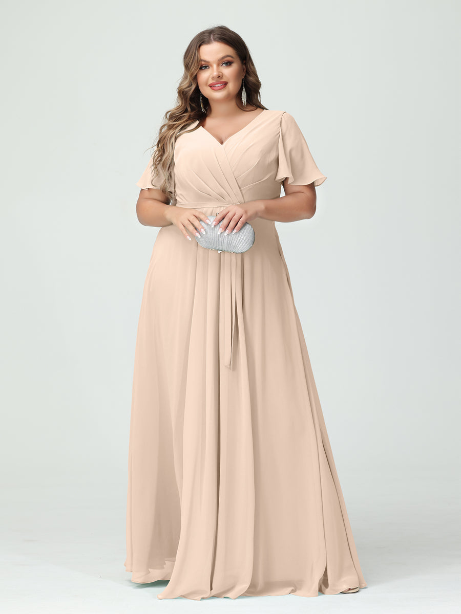 Plus Size V-Neck A-Line Bridesmaid Dress with Short Sleeves, Side Split, Pockets, and Belt