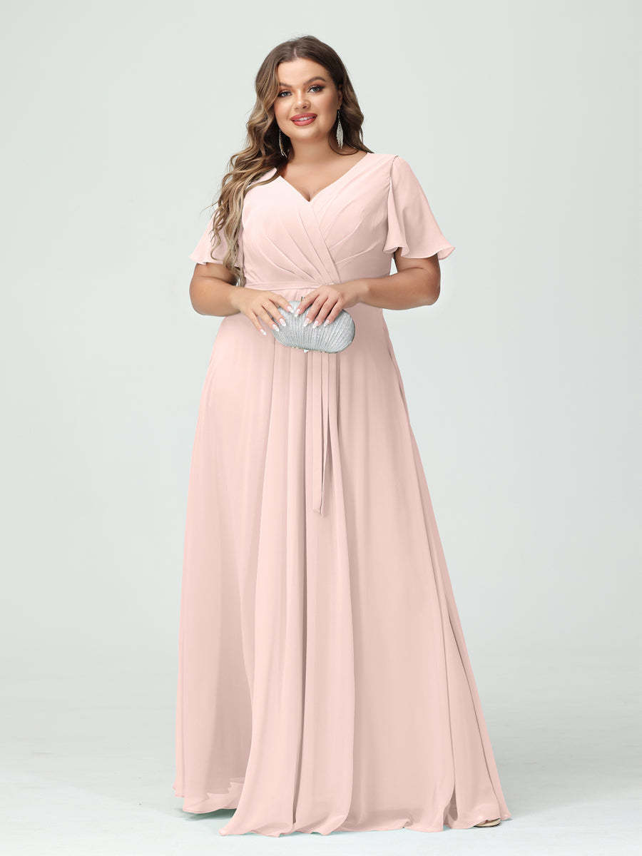 Plus Size V-Neck A-Line Bridesmaid Dress with Short Sleeves, Side Split, Pockets, and Belt
