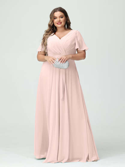 Plus Size V-Neck A-Line Bridesmaid Dress with Short Sleeves, Side Split, Pockets, and Belt