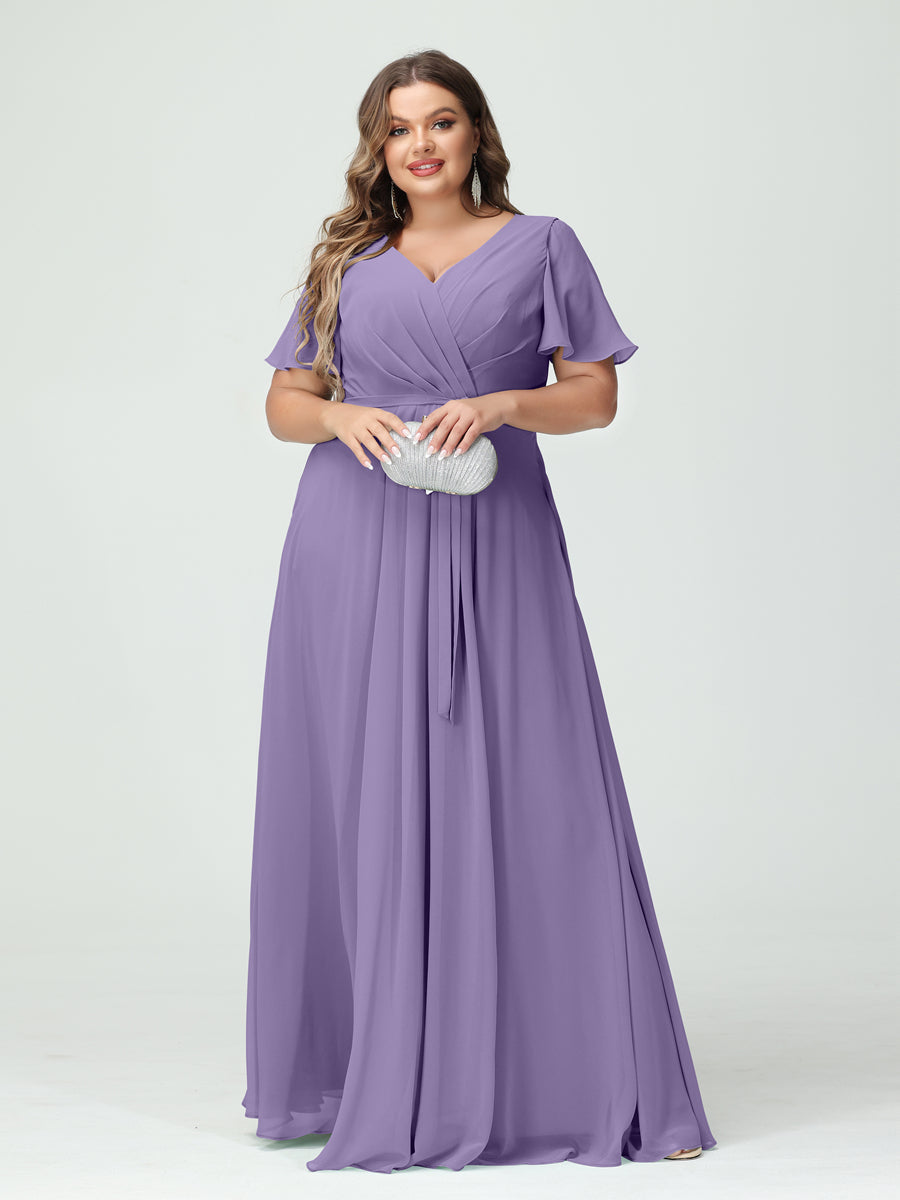 Plus Size V-Neck A-Line Bridesmaid Dress with Short Sleeves, Side Split, Pockets, and Belt