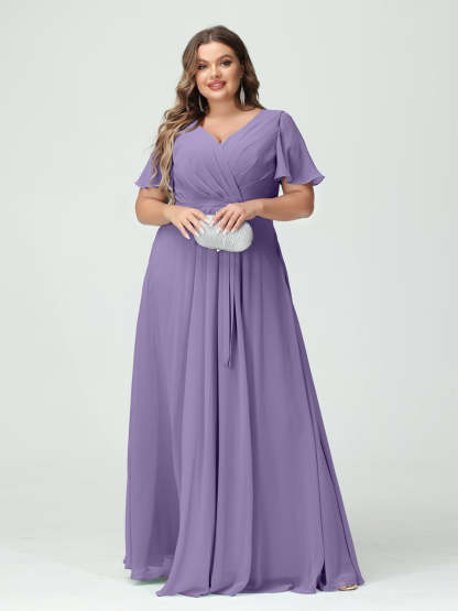 Plus Size V-Neck A-Line Bridesmaid Dress with Short Sleeves, Side Split, Pockets, and Belt