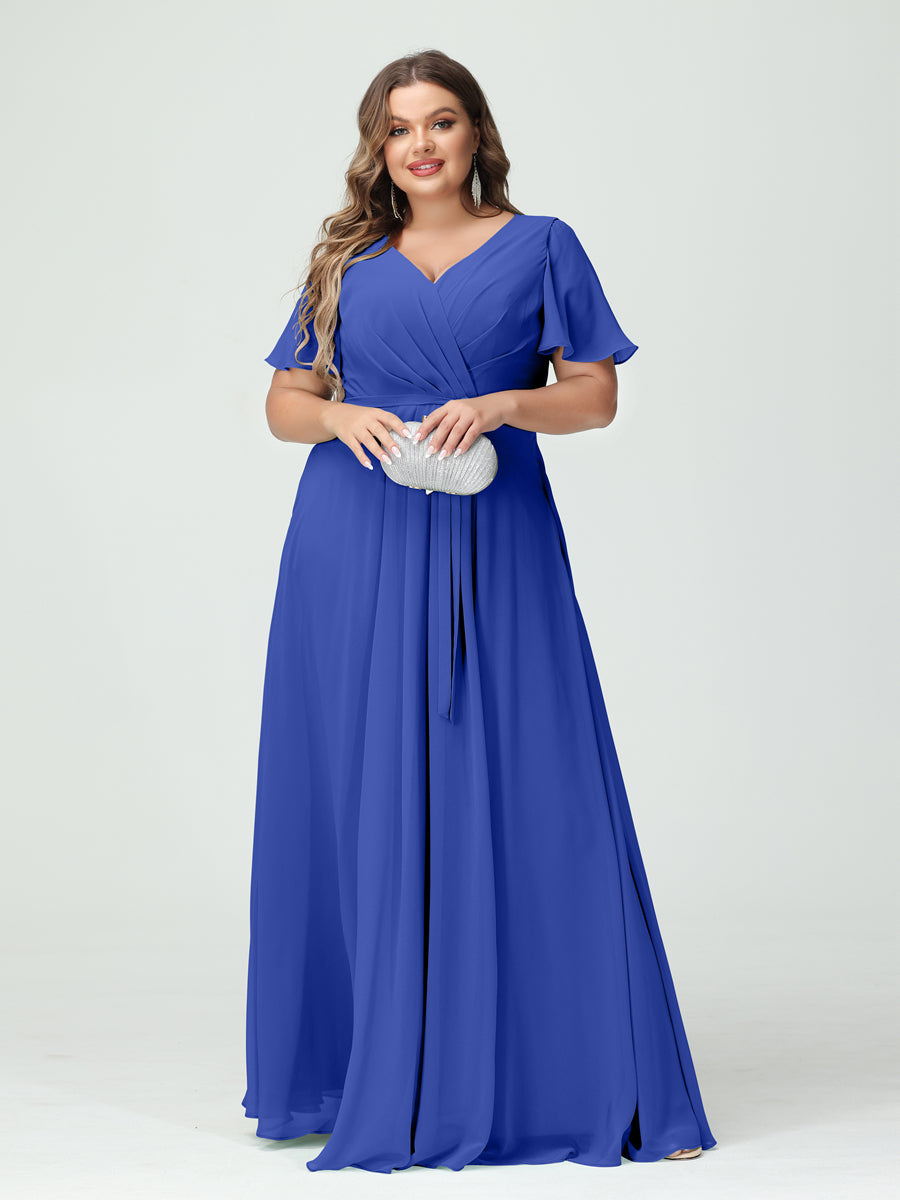 Plus Size V-Neck A-Line Bridesmaid Dress with Short Sleeves, Side Split, Pockets, and Belt