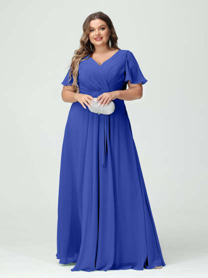 Plus Size V-Neck A-Line Bridesmaid Dress with Short Sleeves, Side Split, Pockets, and Belt