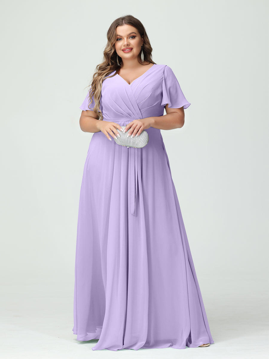 Plus Size V-Neck A-Line Bridesmaid Dress with Short Sleeves, Side Split, Pockets, and Belt