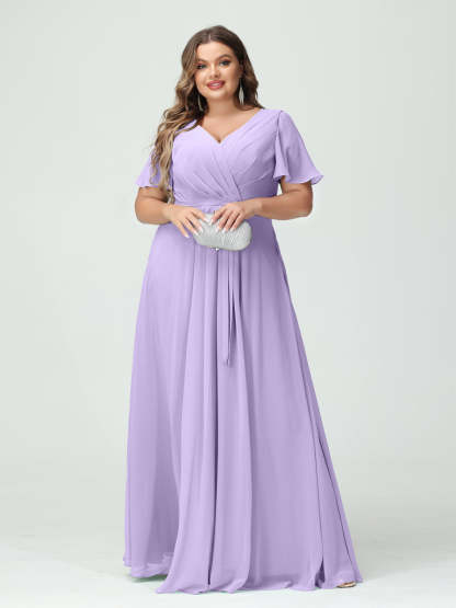 Plus Size V-Neck A-Line Bridesmaid Dress with Short Sleeves, Side Split, Pockets, and Belt