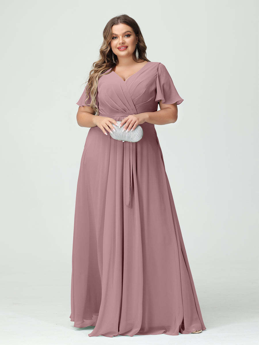 Plus Size V-Neck A-Line Bridesmaid Dress with Short Sleeves, Side Split, Pockets, and Belt