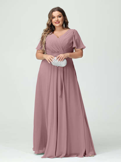 Plus Size V-Neck A-Line Bridesmaid Dress with Short Sleeves, Side Split, Pockets, and Belt