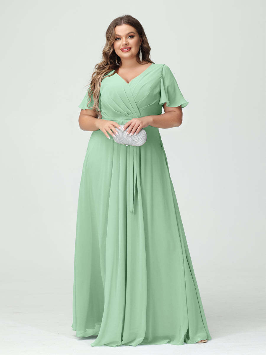 Plus Size V-Neck A-Line Bridesmaid Dress with Short Sleeves, Side Split, Pockets, and Belt