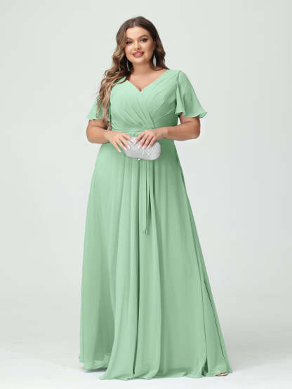 Plus Size V-Neck A-Line Bridesmaid Dress with Short Sleeves, Side Split, Pockets, and Belt