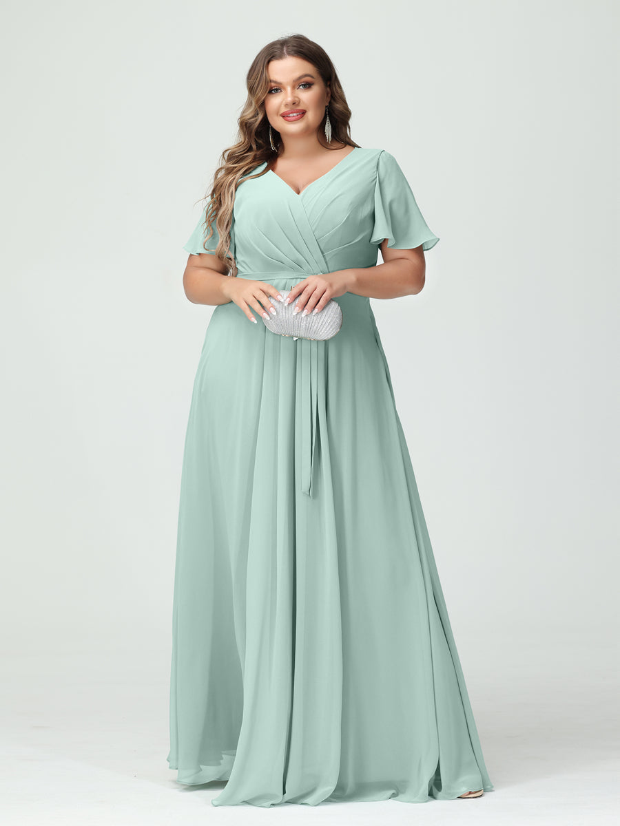 Plus Size V-Neck A-Line Bridesmaid Dress with Short Sleeves, Side Split, Pockets, and Belt
