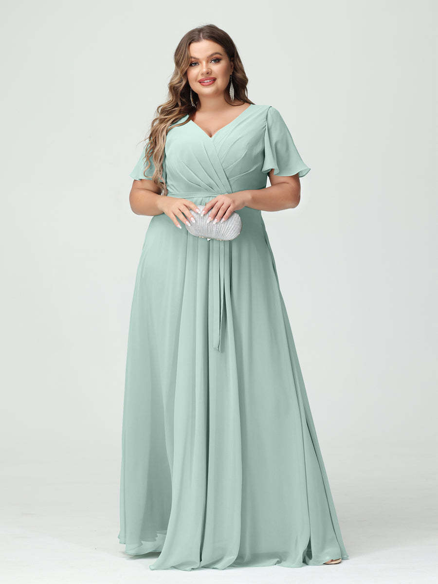 Plus Size V-Neck A-Line Bridesmaid Dress with Short Sleeves, Side Split, Pockets, and Belt