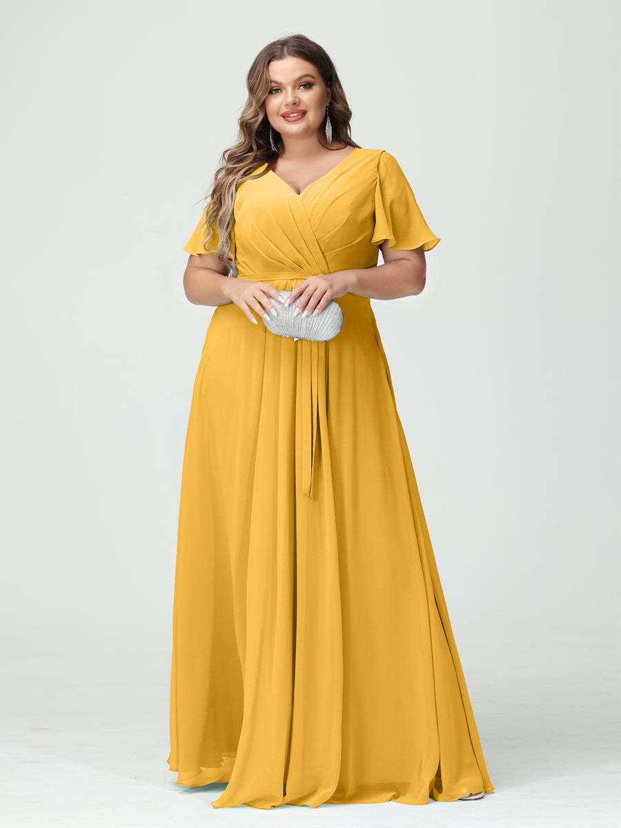 Plus Size V-Neck A-Line Bridesmaid Dress with Short Sleeves, Side Split, Pockets, and Belt