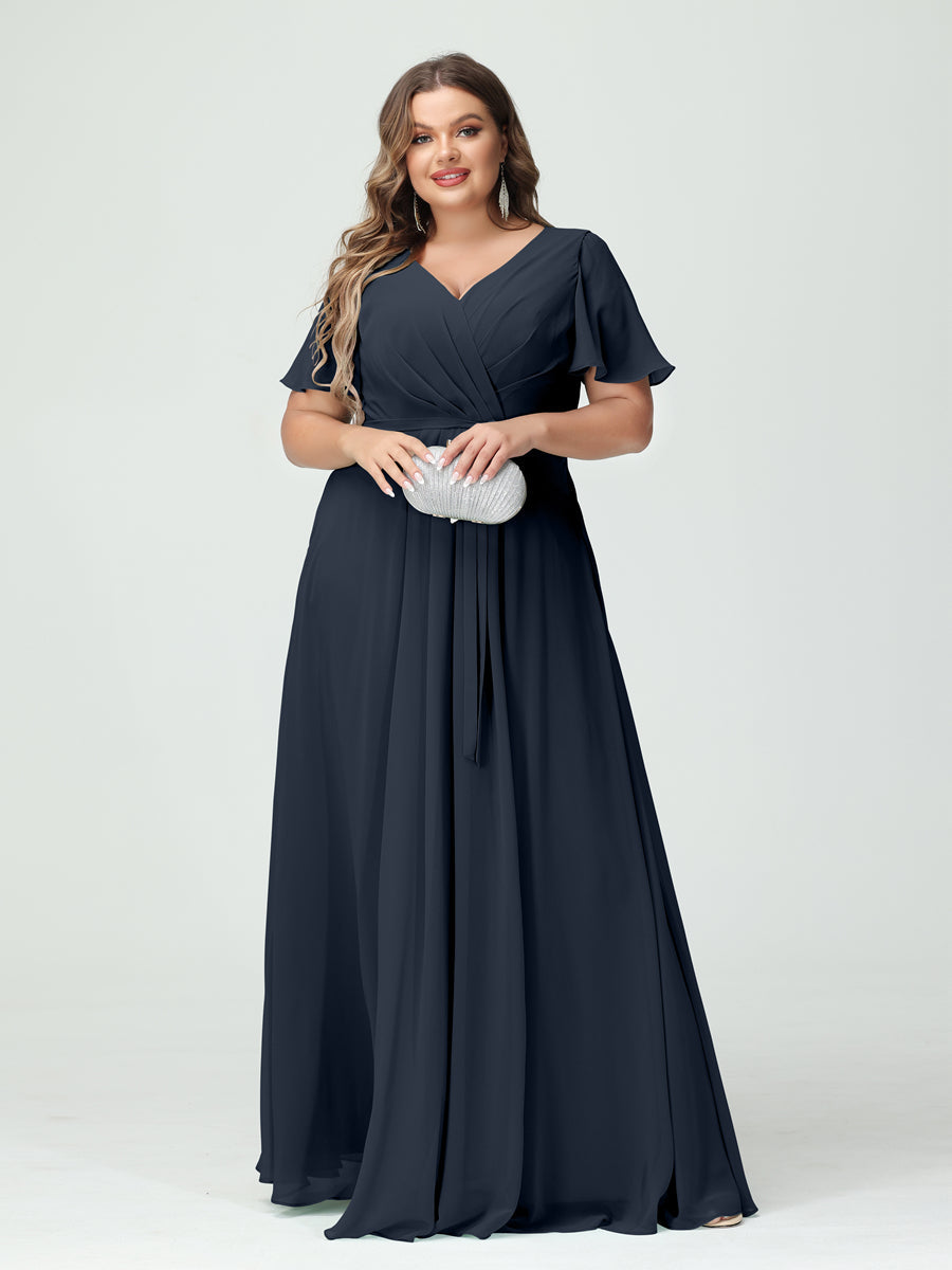 Plus Size V-Neck A-Line Bridesmaid Dress with Short Sleeves, Side Split, Pockets, and Belt