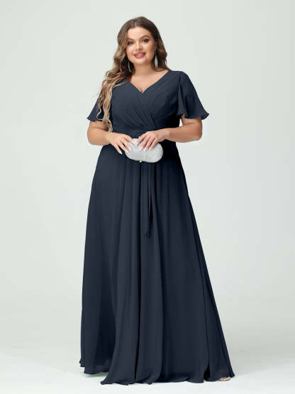 Plus Size V-Neck A-Line Bridesmaid Dress with Short Sleeves, Side Split, Pockets, and Belt