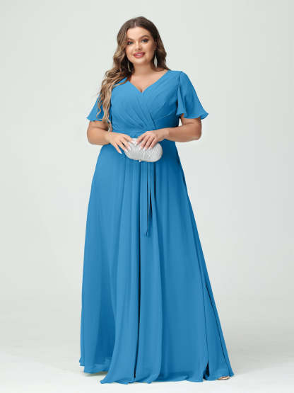 Plus Size V-Neck A-Line Bridesmaid Dress with Short Sleeves, Side Split, Pockets, and Belt