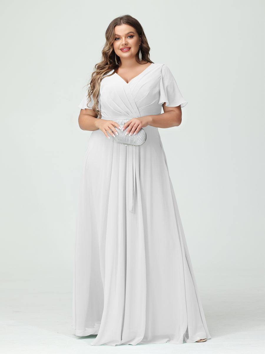 Plus Size V-Neck A-Line Bridesmaid Dress with Short Sleeves, Side Split, Pockets, and Belt