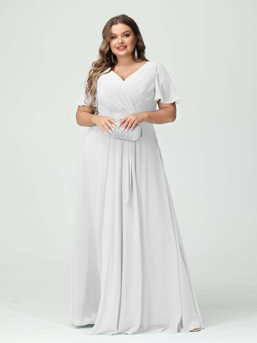 Plus Size V-Neck A-Line Bridesmaid Dress with Short Sleeves, Side Split, Pockets, and Belt