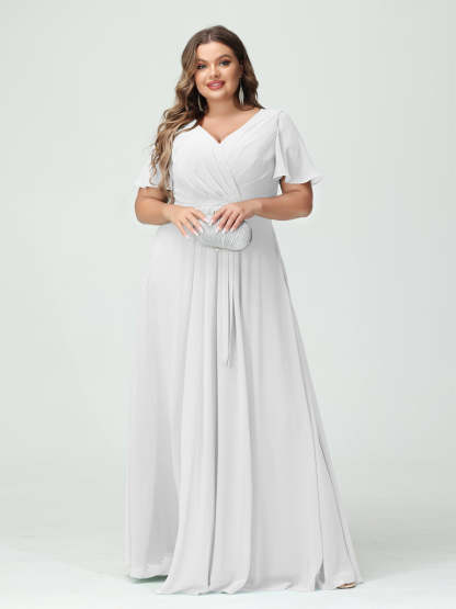 Plus Size V-Neck A-Line Bridesmaid Dress with Short Sleeves, Side Split, Pockets, and Belt