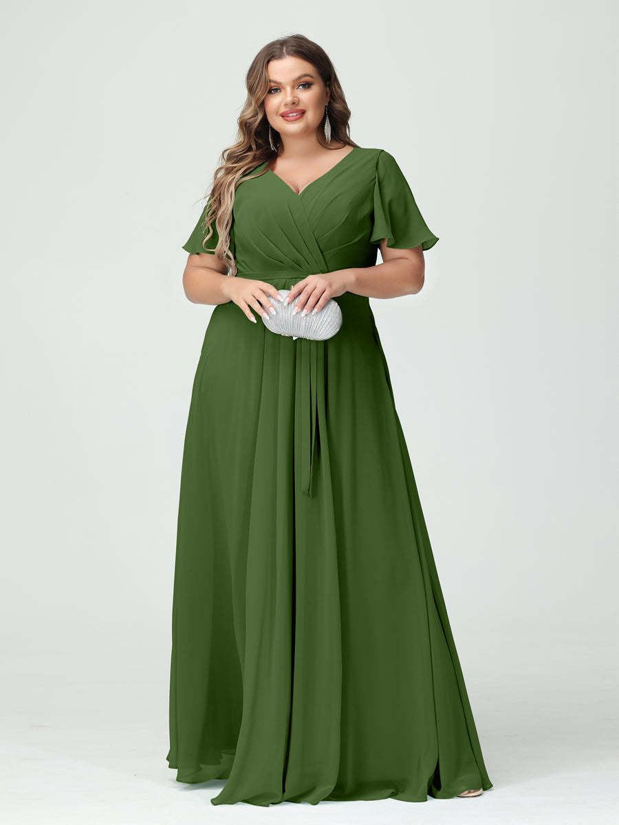 Plus Size V-Neck A-Line Bridesmaid Dress with Short Sleeves, Side Split, Pockets, and Belt