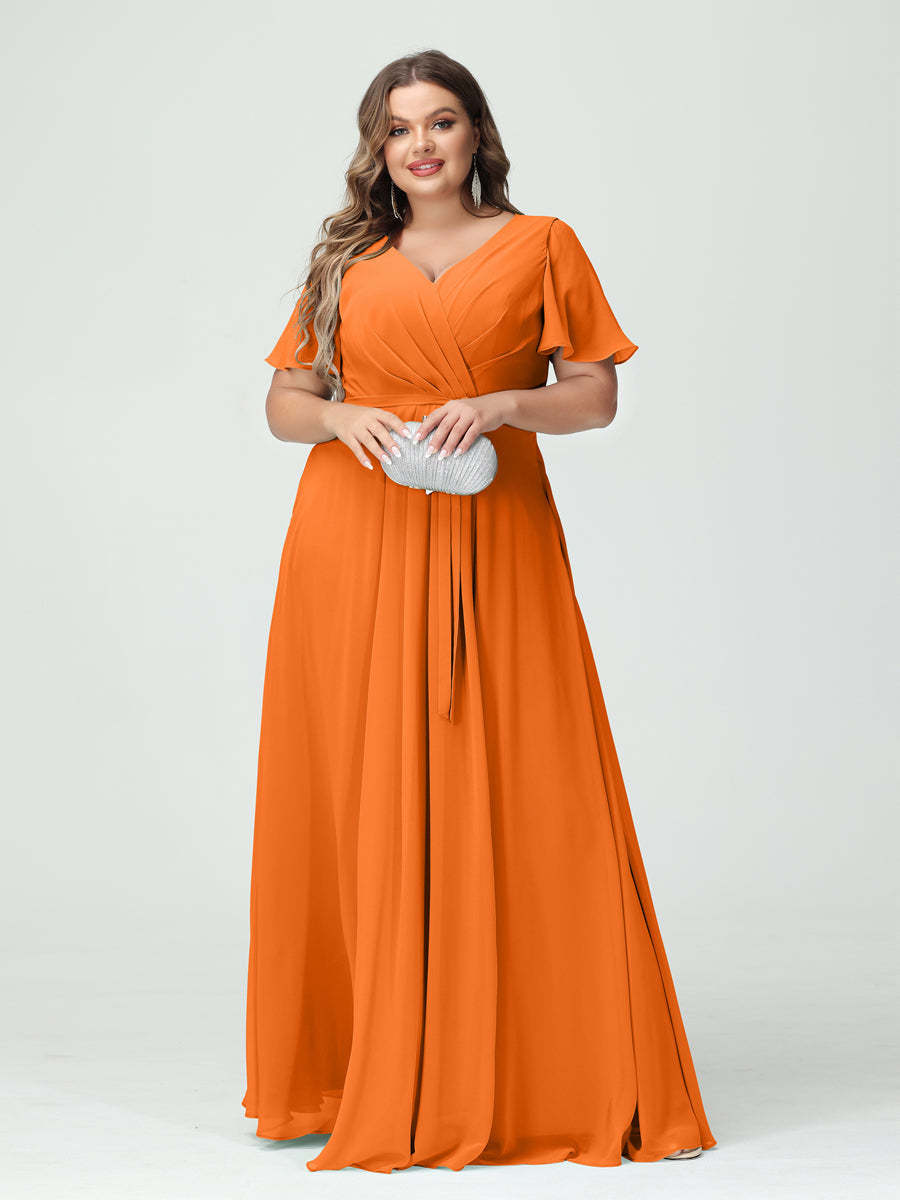 Plus Size V-Neck A-Line Bridesmaid Dress with Short Sleeves, Side Split, Pockets, and Belt